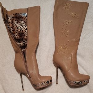 Franco Sarto Camel Heeled Boots with Metallic Details